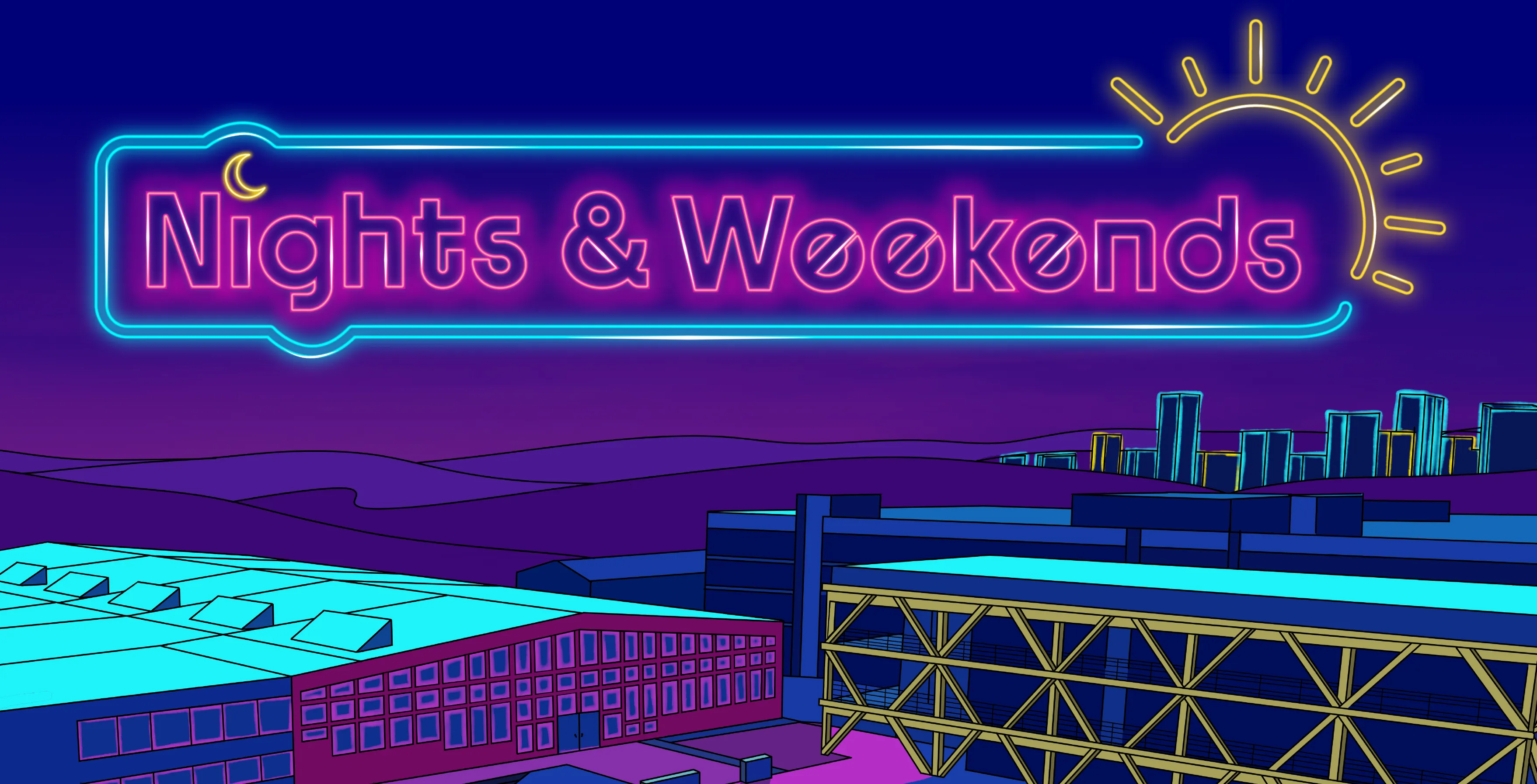 Illustrated banner for CCA Extension's Nights + Weekends exhibition: a cyan neon sign reading "Nights & Weekends" with a crescent moon inside the "N" and a yellow sunburst rising from the final "s", set above a stylized purple-and-magenta nighttime cityscape of warehouses, a footbridge, and a distant skyline.