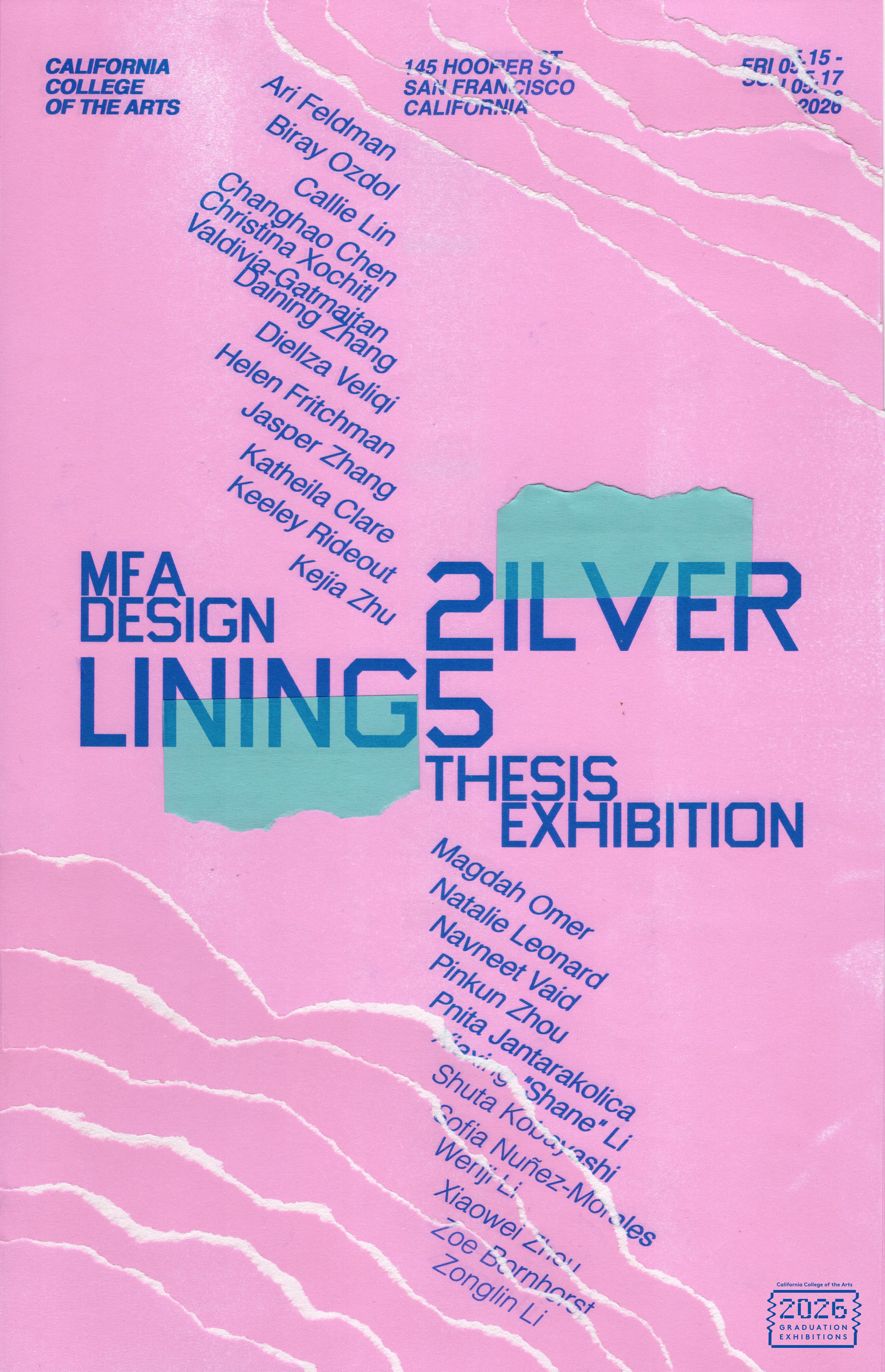 MFA Design Silver Linings thesis exhibition poster listing student participants, Spring 2026