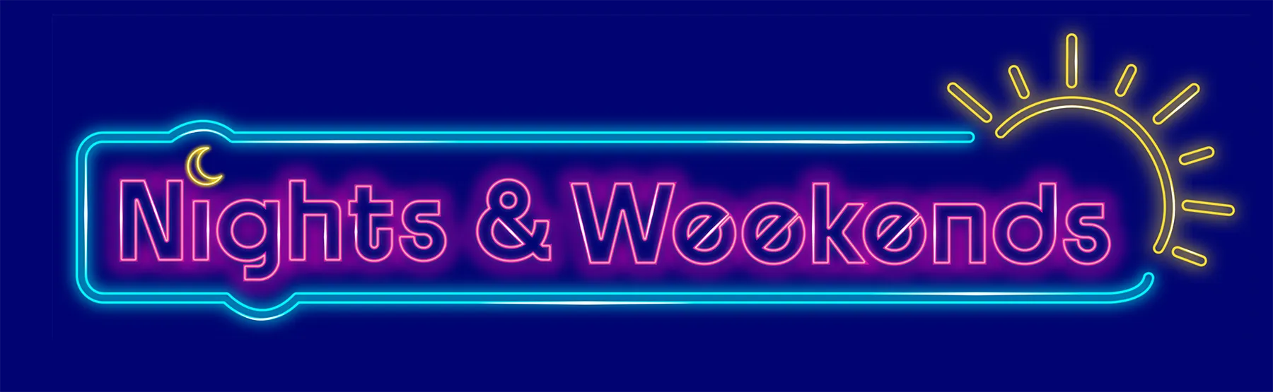 Neon-sign graphic reading "Nights & Weekends" with a glowing crescent moon on the left and a yellow sun on the right, over a deep blue background — the banner for CCA Extension's Nights + Weekends exhibition.