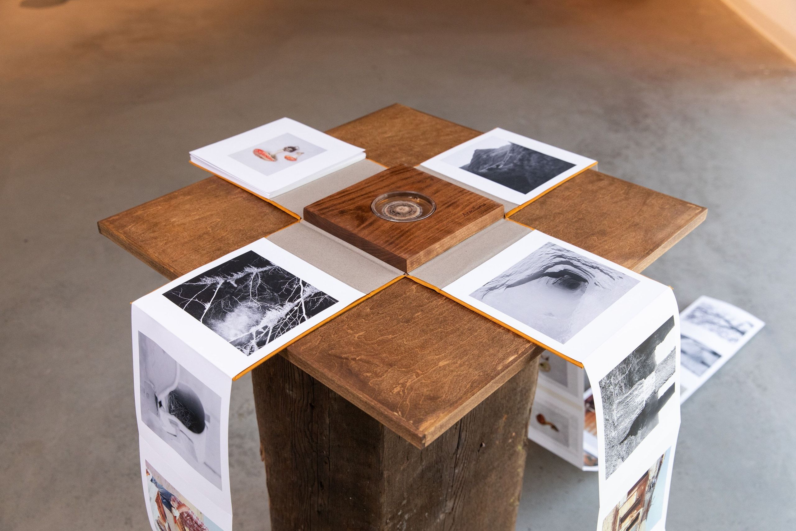 A wooden cross-shaped display structure holds leather-bound books and white pages with black and white photographic prints and imagery arranged in a contemplative studio setting.