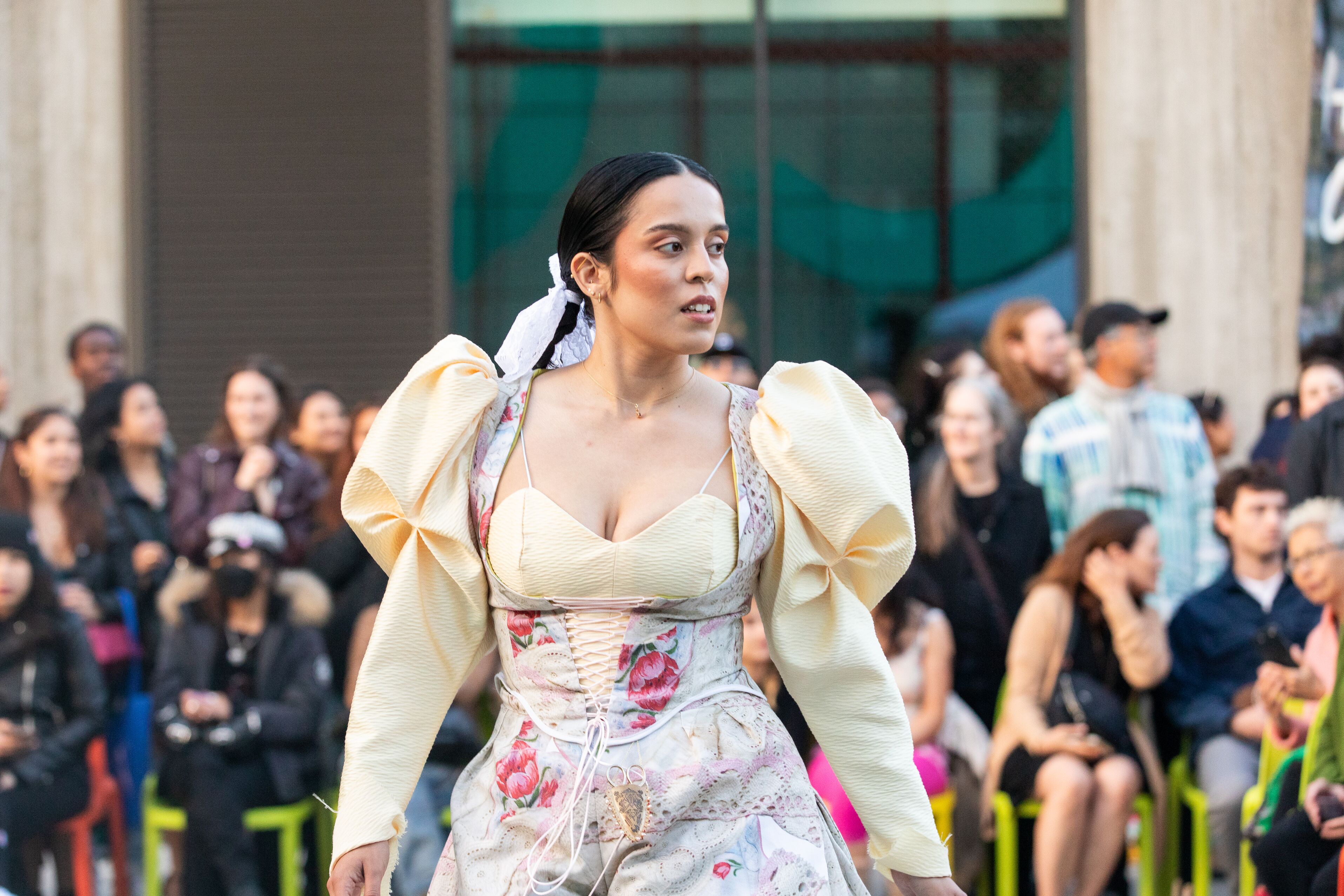 A model walks the runway at the BFA Fashion Design Senior Show, wearing an original collection look by a graduating CCA designer, Spring 2025.